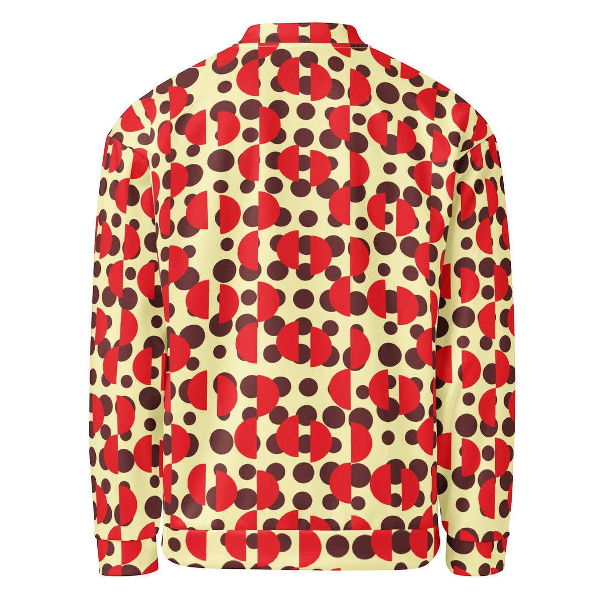 Good Wishes 365 unisex bomber jacket featuring a retro cream, brown polka dot, and red semi-circle geometric print.