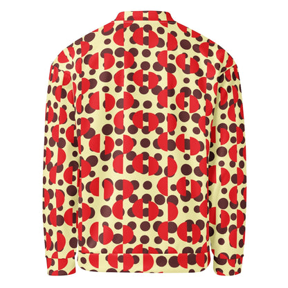 Good Wishes 365 unisex bomber jacket featuring a retro cream, brown polka dot, and red semi-circle geometric print.