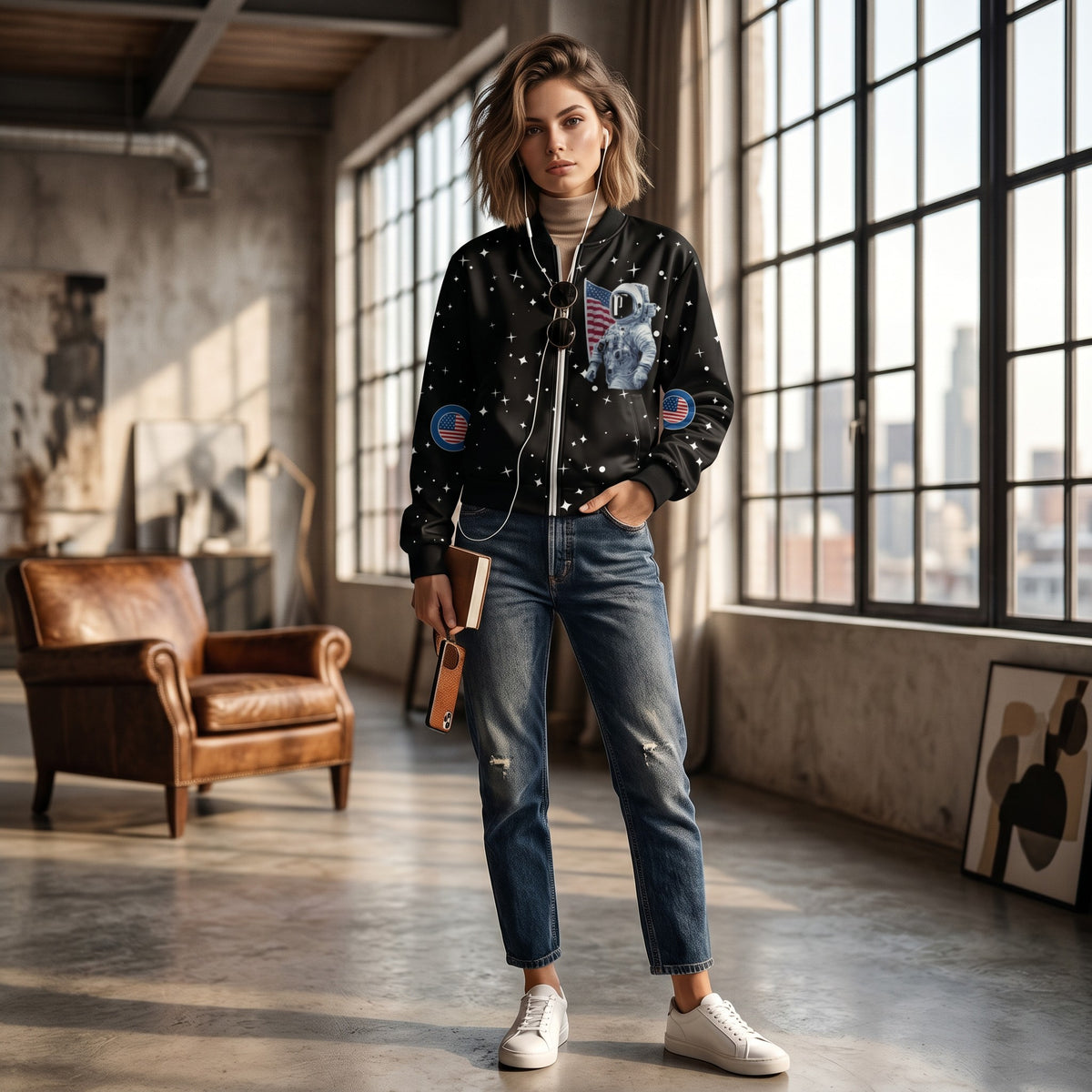 Good Wishes 365 unisex bomber jacket featuring a retro moon landing print on black polyester with brushed fleece lining.