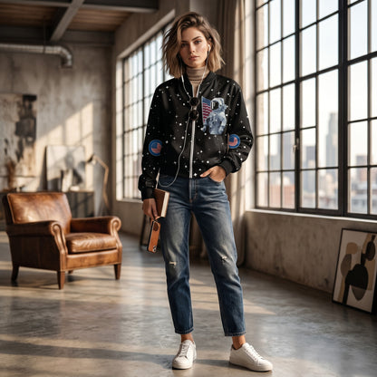 Good Wishes 365 unisex bomber jacket featuring a retro moon landing print on black polyester with brushed fleece lining.