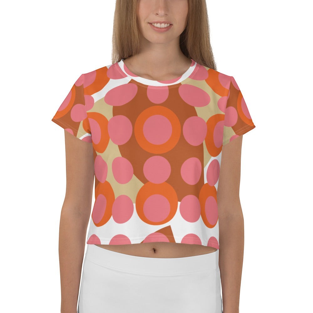 Good Wishes 365 retro mod crop tee with pink, orange, and terracotta polka dot pattern in soft stretch jersey fabric