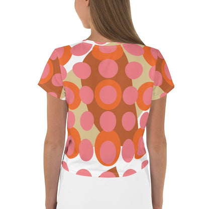 Good Wishes 365 retro mod crop tee with pink, orange, and terracotta polka dot pattern on soft knit jersey fabric