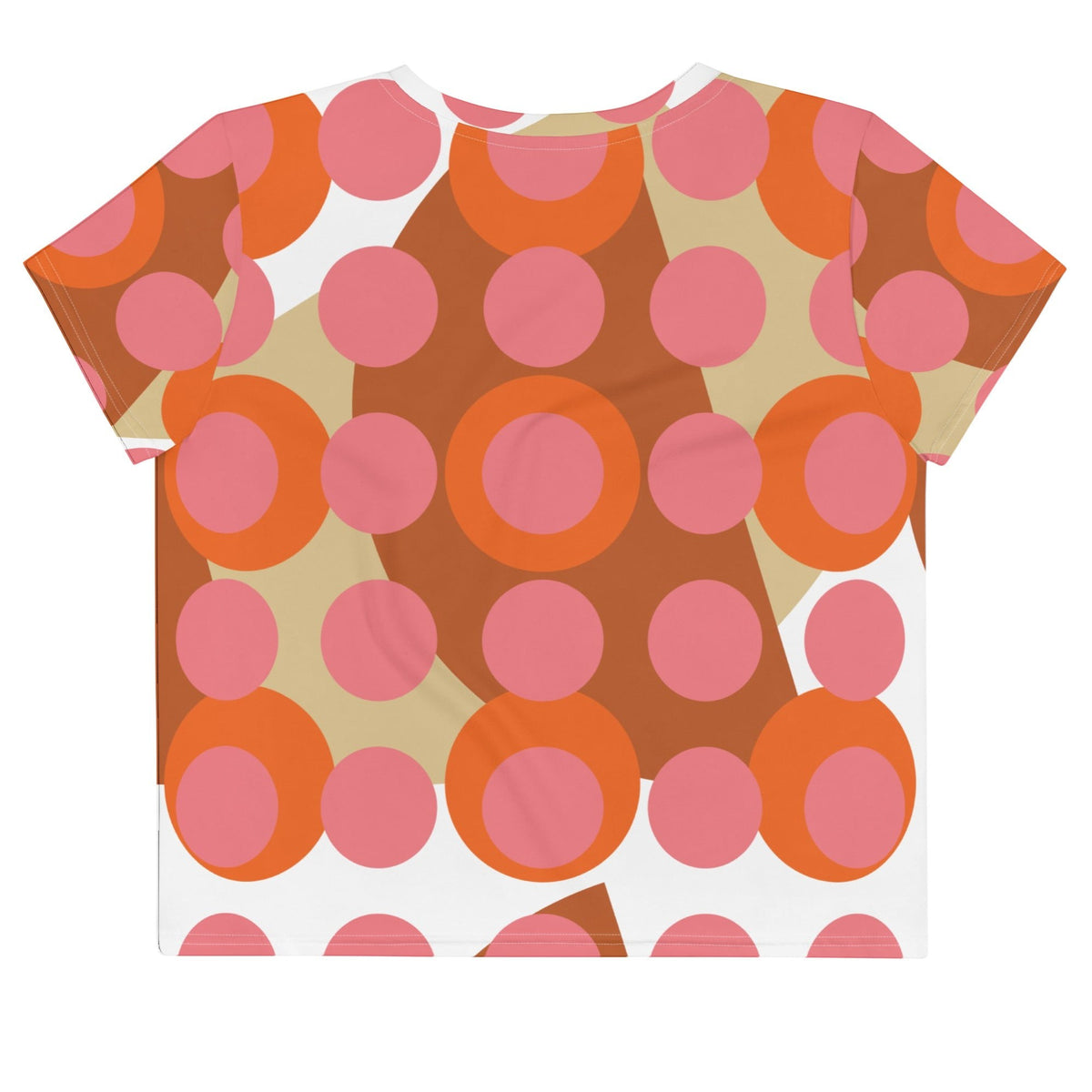Good Wishes 365 retro mod crop tee with pink, orange, and terracotta polka dot pattern in soft stretch jersey fabric