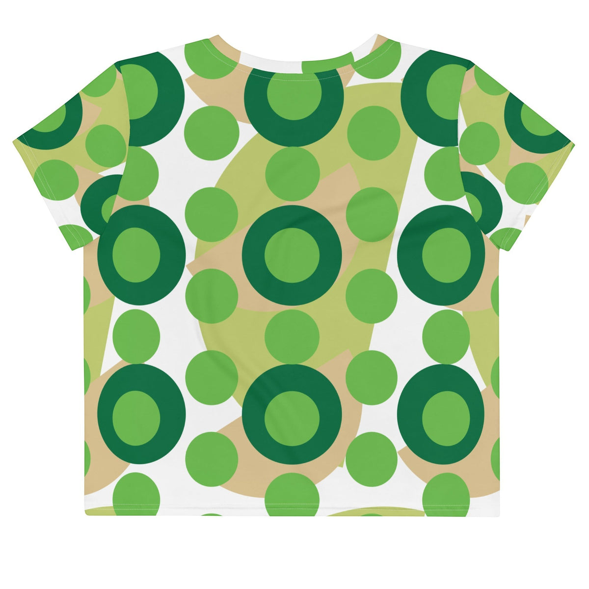 Good Wishes 365 retro mod crop tee in kelly green with an oversized polka dot and abstract circle pattern.