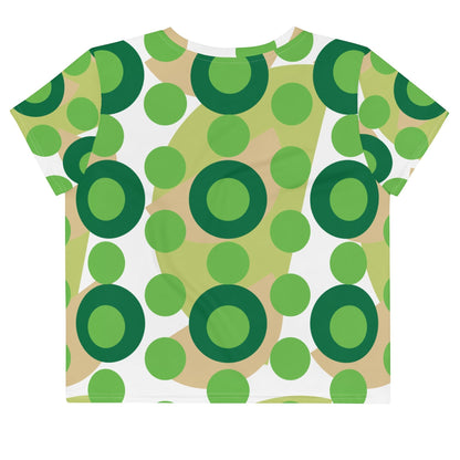 Good Wishes 365 retro mod crop tee in kelly green with an oversized polka dot and abstract circle pattern.