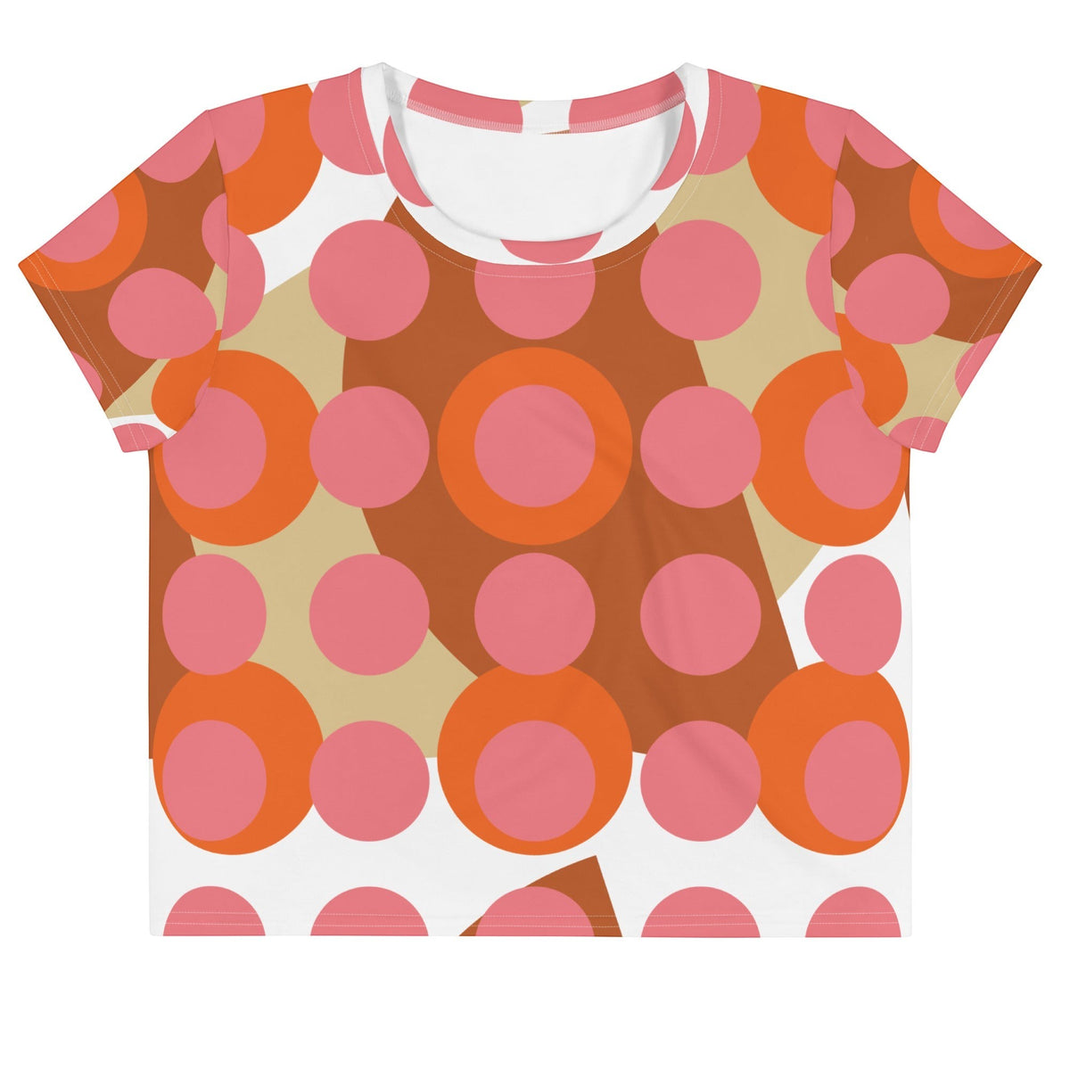 Good Wishes 365 retro mod crop tee with pink, orange, and terracotta polka dot pattern in soft stretch jersey fabric.