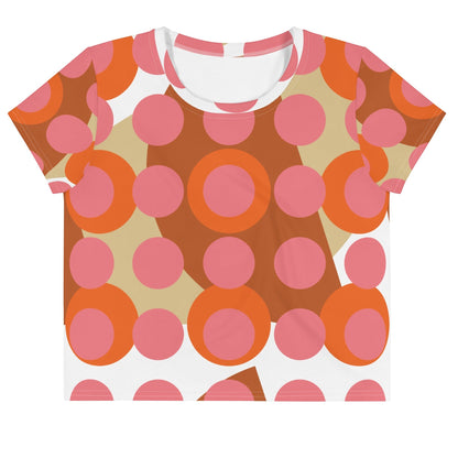 Good Wishes 365 retro mod crop tee with pink, orange, and terracotta polka dot pattern in soft stretch jersey fabric.