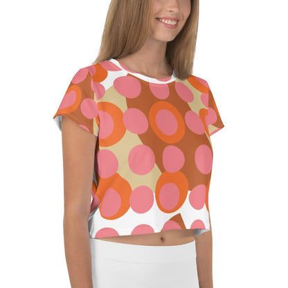 Good Wishes 365 retro mod crop tee with pink, orange, and terracotta polka dot pattern on soft stretch jersey fabric.