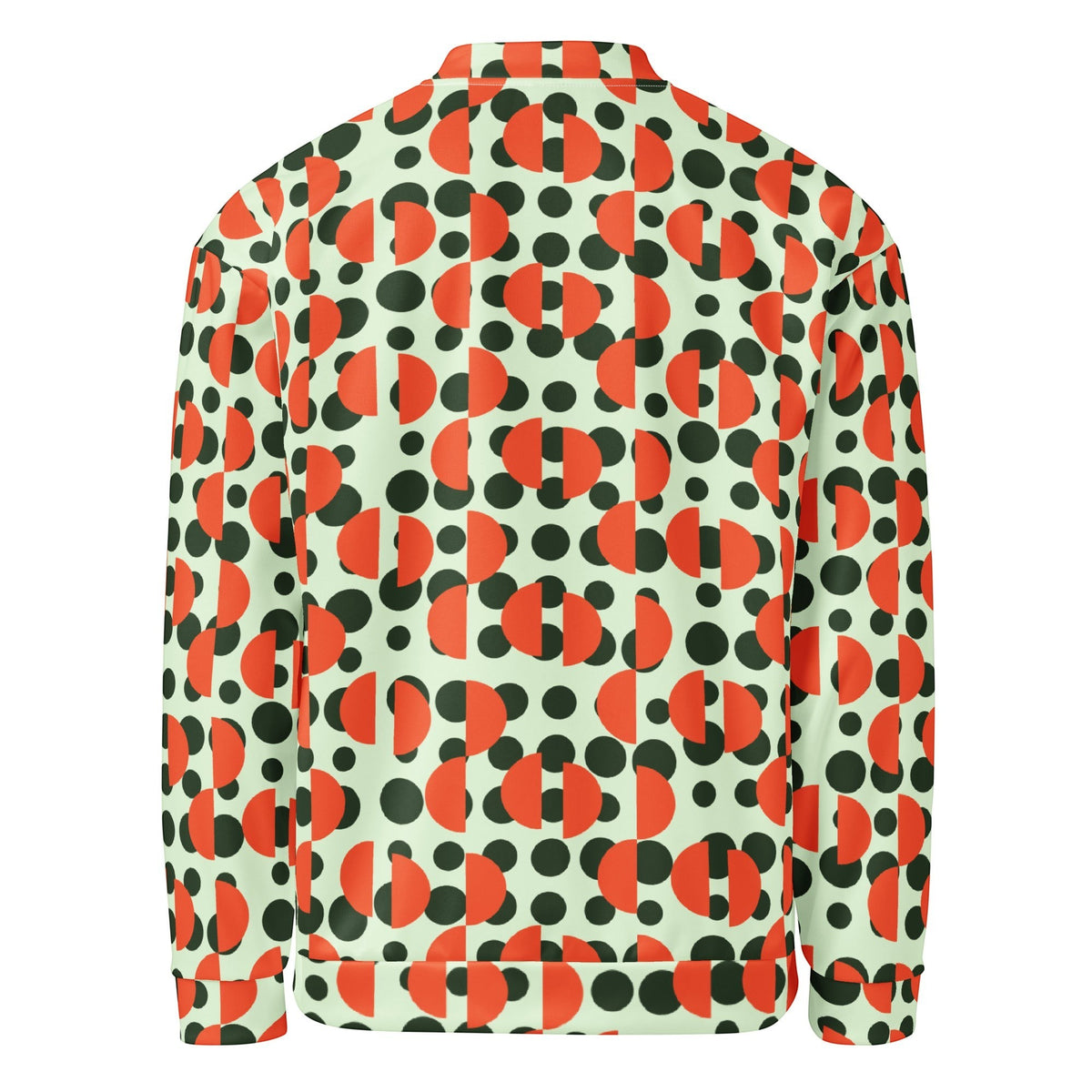 Good Wishes 365 unisex bomber jacket with retro mint green, dark green polka dot, and orange semi-circle print back view