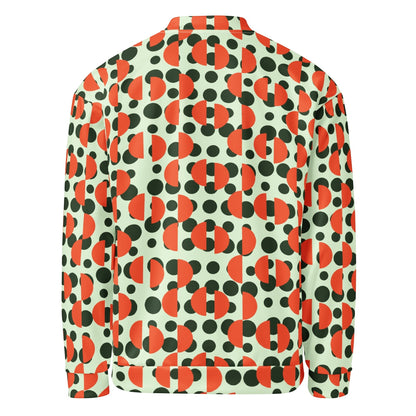 Good Wishes 365 unisex bomber jacket with retro mint green, dark green polka dot, and orange semi-circle print back view