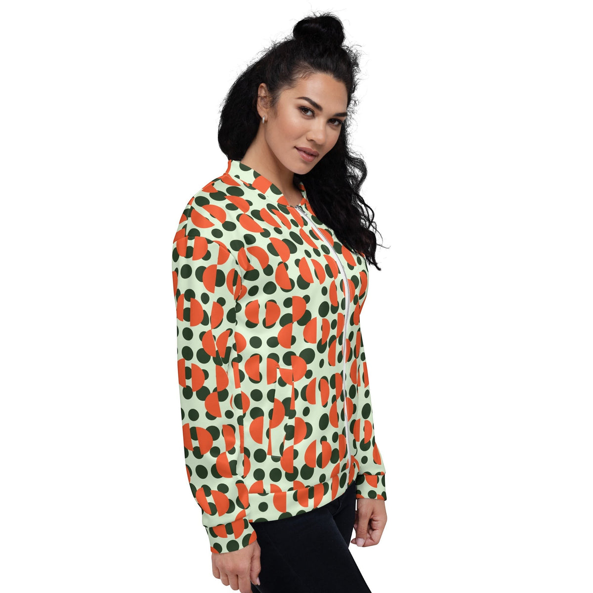 Good Wishes 365 unisex bomber jacket with retro green polka dot and orange semi-circle print on mint green background