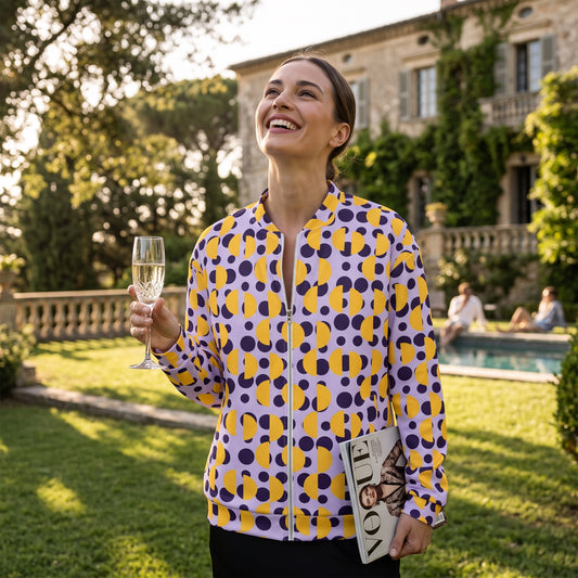 Good Wishes 365 unisex bomber jacket with purple and yellow retro polka dot and semi-circle print in a garden setting