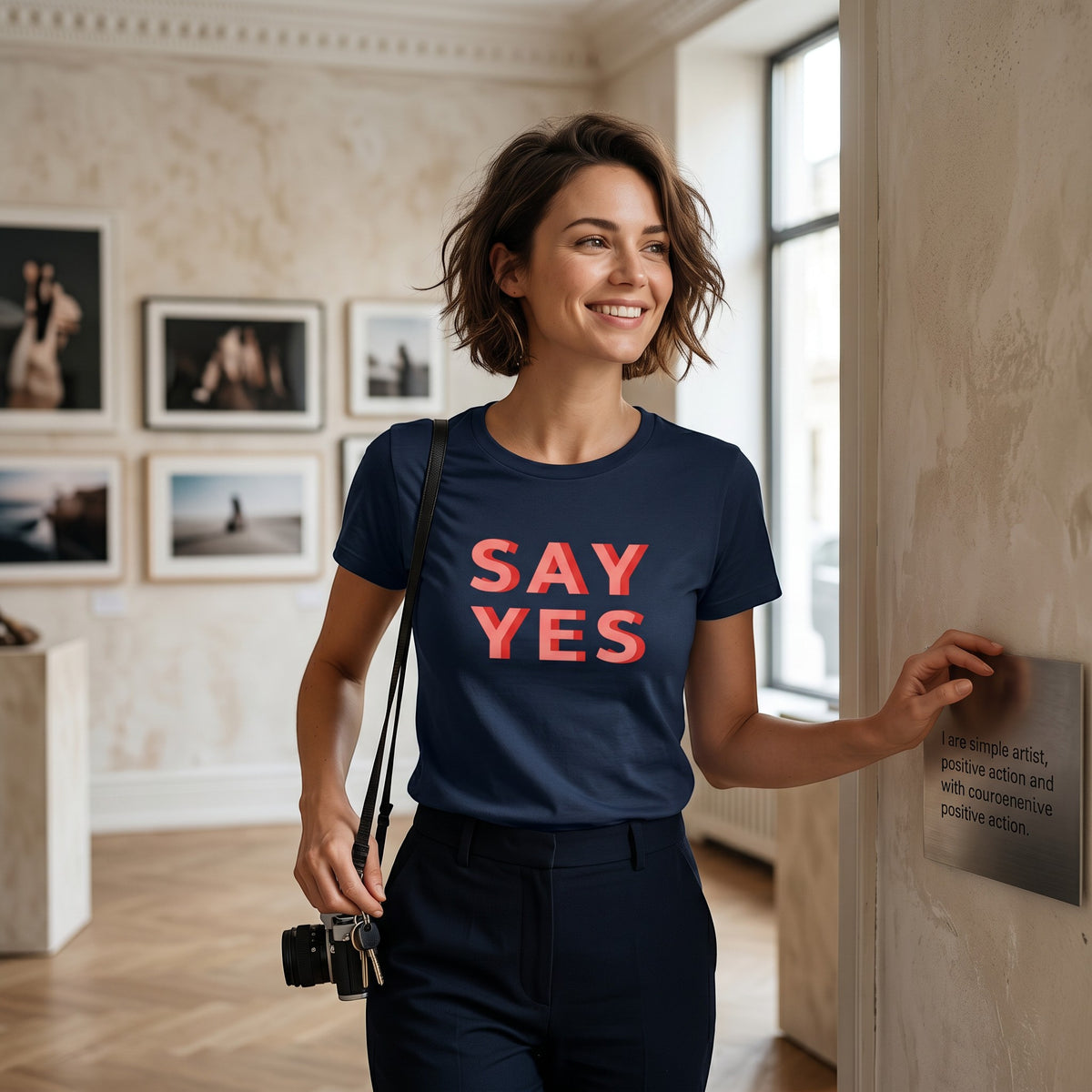 Woman wearing a navy Good Wishes 365 cotton Say Yes graphic t-shirt in an art gallery setting.