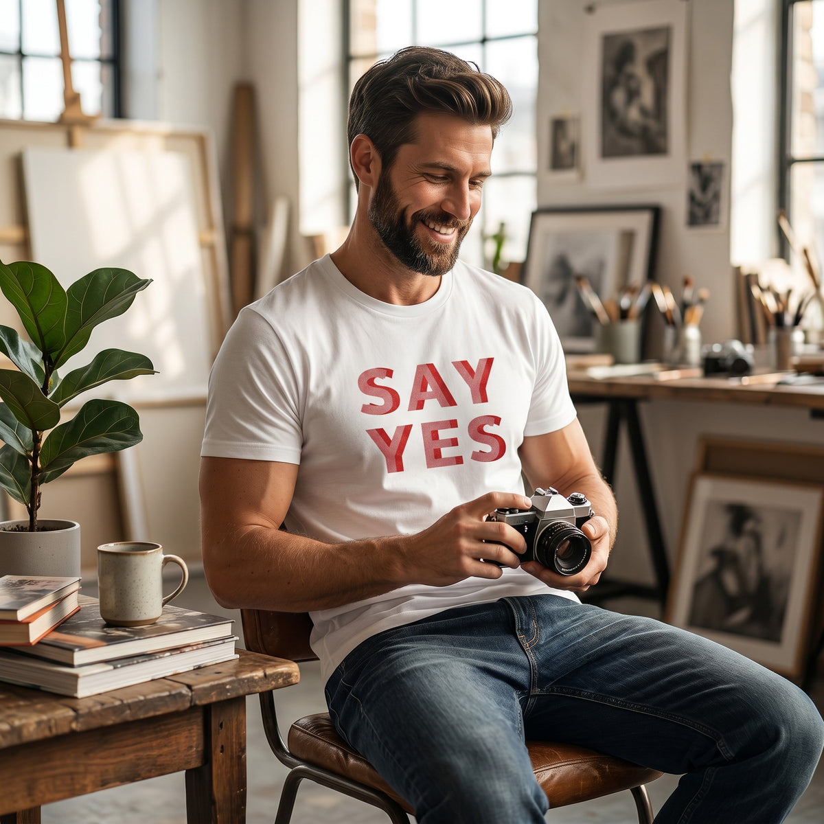 Man wearing a white Good Wishes 365 Say Yes cotton t-shirt with red graphic text, holding a vintage camera in a studio.