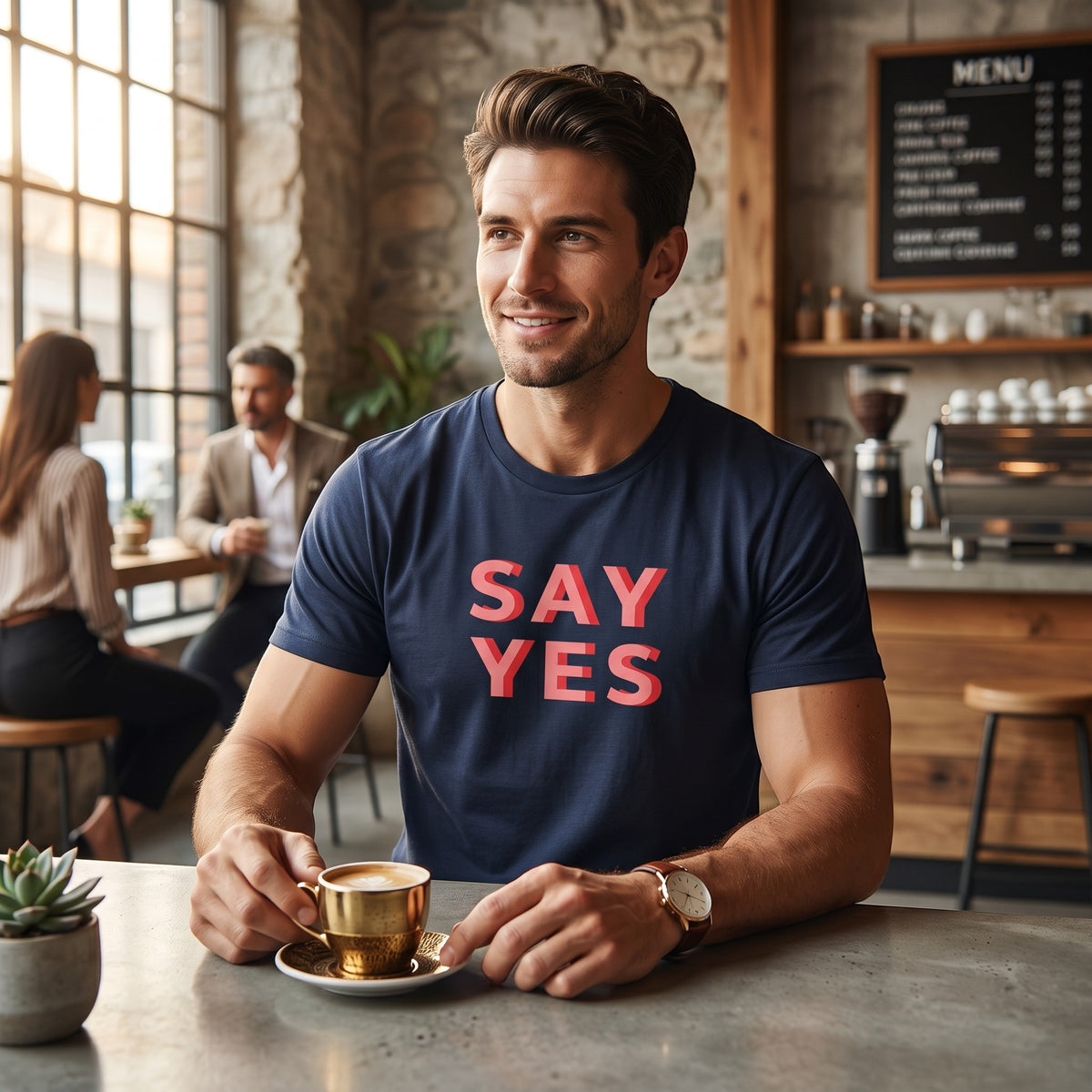 Man wearing a navy Good Wishes 365 Say Yes graphic cotton t-shirt while sitting in a cozy cafe with a coffee.