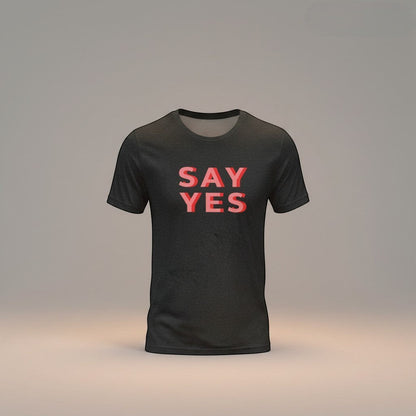 Good Wishes 365 dark grey unisex t-shirt with red and pink 'SAY YES' graphic print. Soft, lightweight, 100% cotton.