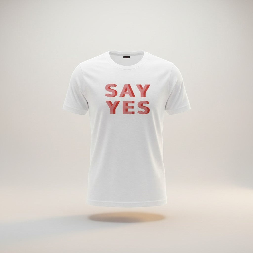 Good Wishes 365 white unisex t-shirt with red "SAY YES" graphic print. Soft, lightweight, and comfortable.