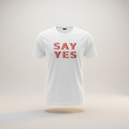 Good Wishes 365 white unisex t-shirt with red "SAY YES" graphic print. Soft, lightweight, and comfortable.