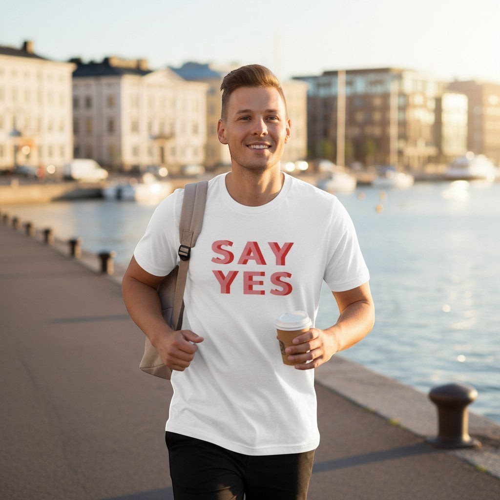 Good Wishes 365 white unisex t-shirt with red 'SAY YES' graphic. Soft, lightweight, 100% cotton.