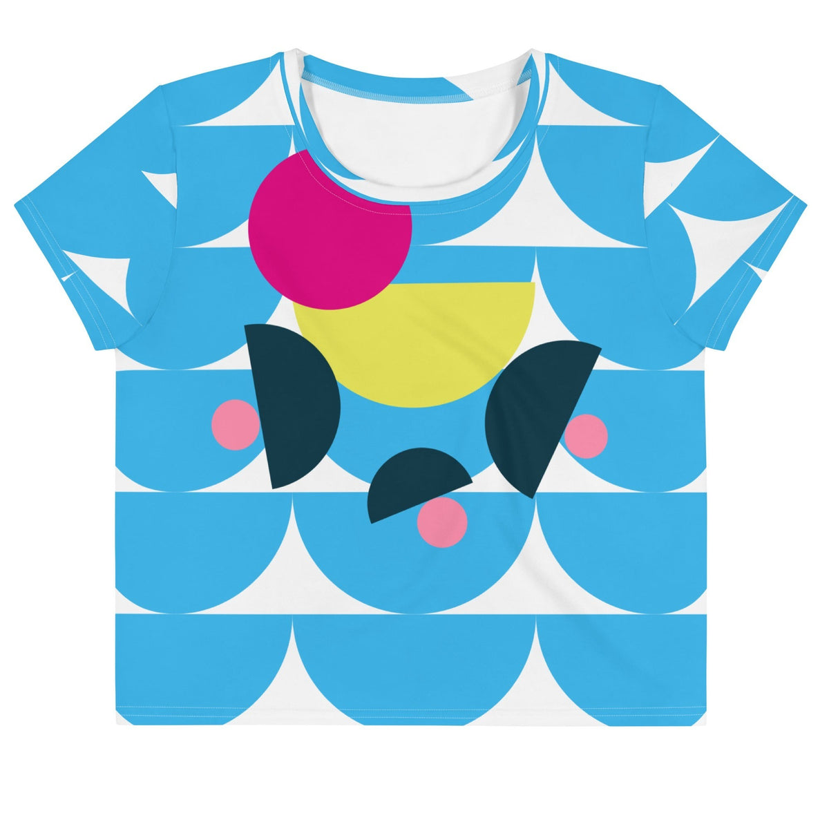 Good Wishes 365 sky blue crop tee with abstract geometric mushroom graphic in pink and yellow on soft fabric