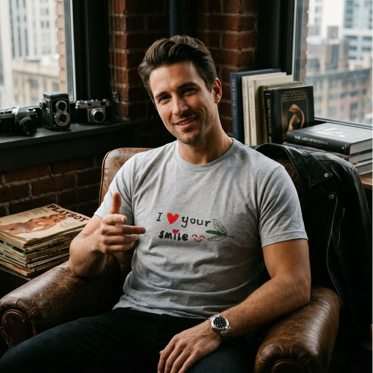 Good Wishes 365 grey crewneck t-shirt with I Love Your Smile graphic worn by a man sitting in a leather chair