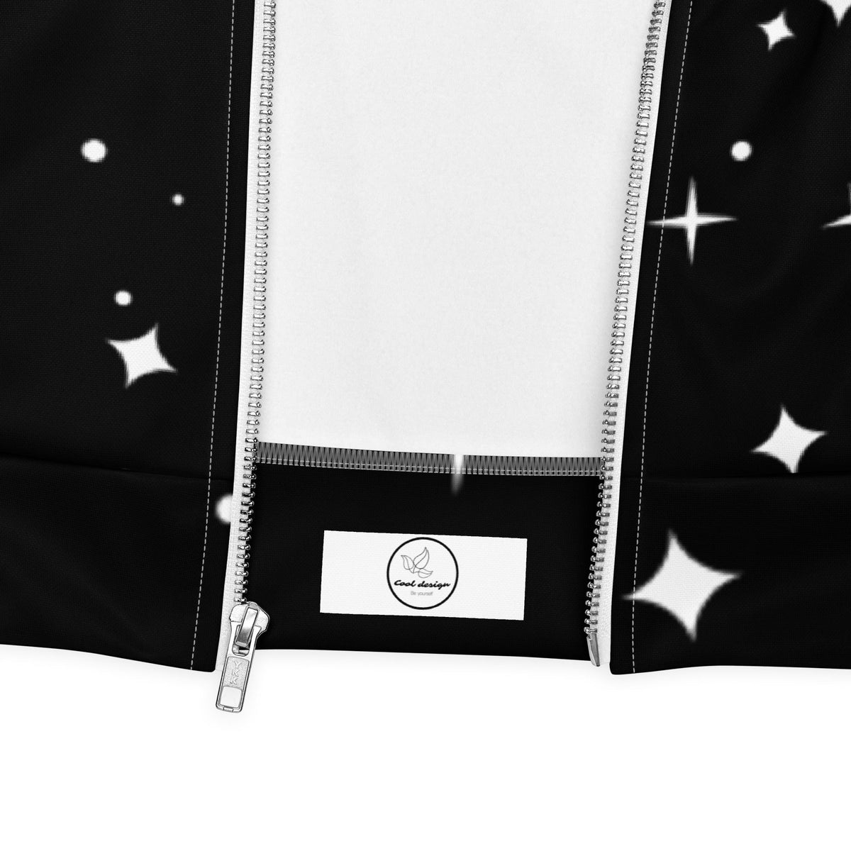 Good Wishes 365 unisex bomber jacket featuring a black fabric with white star patterns and a silver front zipper.