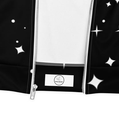 Good Wishes 365 unisex bomber jacket featuring a black fabric with white star patterns and a silver front zipper.