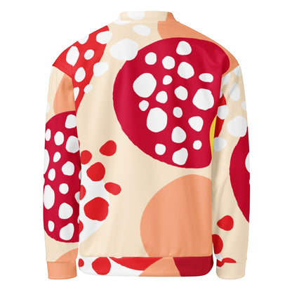 Back view of Good Wishes 365 unisex bomber jacket featuring an abstract red, peach, and yellow strawberry print.