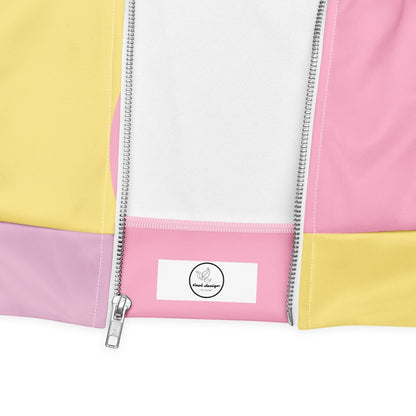 Good Wishes 365 pink and yellow strawberry print bomber jacket with a silver front zipper and white brand label