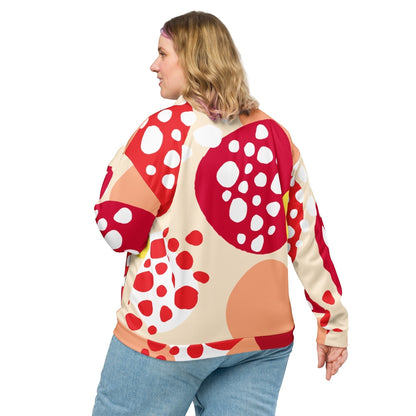 Good Wishes 365 unisex bomber jacket with red and peach strawberry pattern, worn by a woman, back view