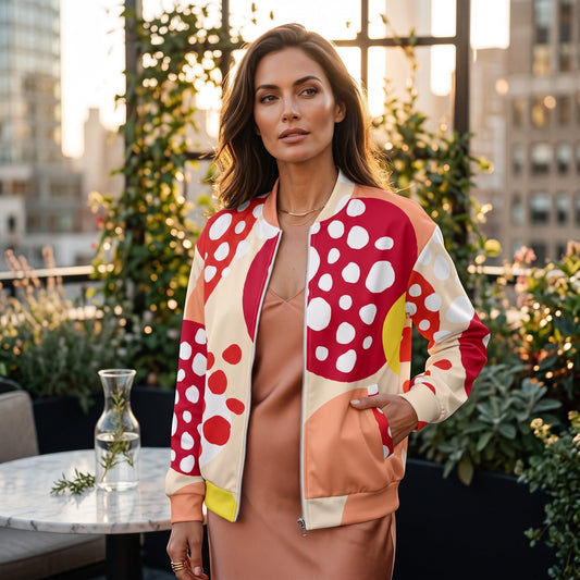 Good Wishes 365 unisex bomber jacket with red strawberry print, ribbed collar, and zipper, worn by a woman outdoors.