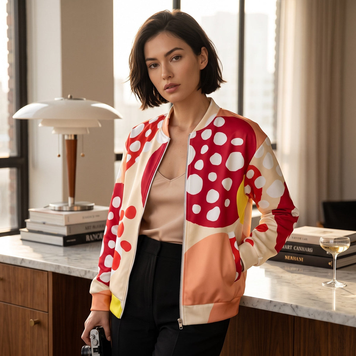 Good Wishes 365 unisex bomber jacket with a vibrant red strawberry and abstract print, worn by a woman indoors.