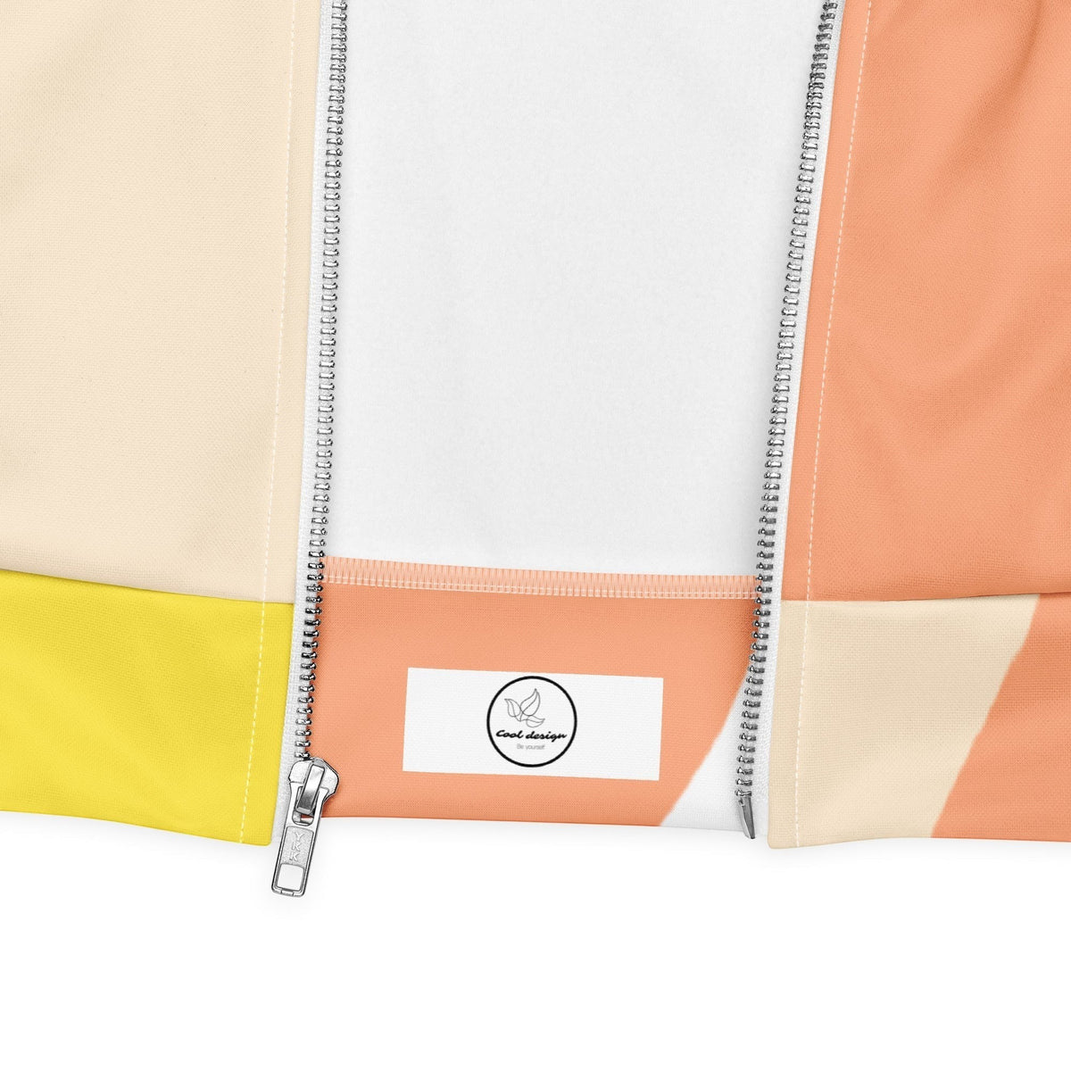 Good Wishes 365 bomber jacket with red, peach, and yellow strawberry print, featuring a silver zipper and ribbed hem.