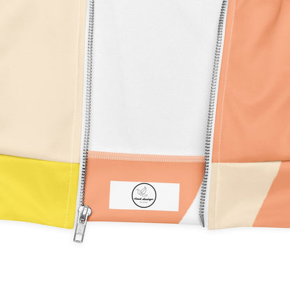 Good Wishes 365 bomber jacket with red, peach, and yellow strawberry print, featuring a silver zipper and ribbed hem.