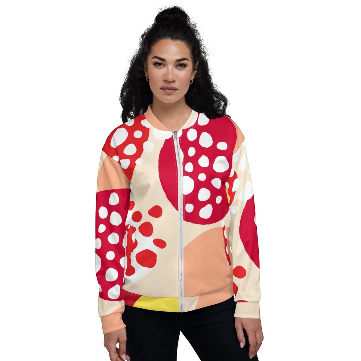 Good Wishes 365 unisex bomber jacket featuring a vibrant red, peach, and yellow abstract strawberry print on a model.