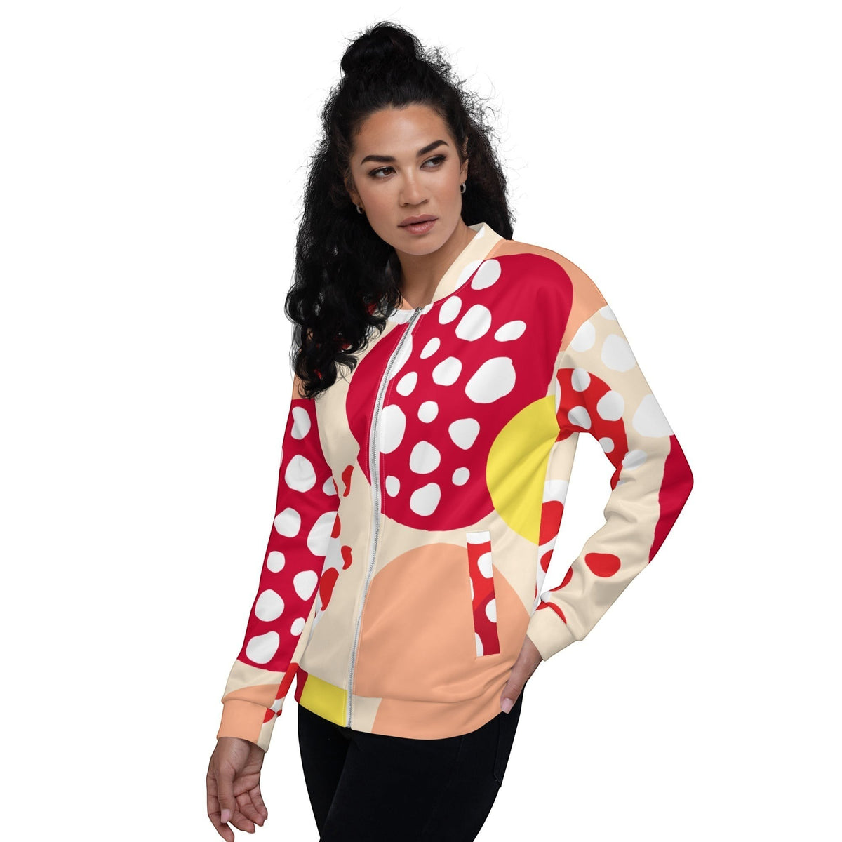 Good Wishes 365 unisex bomber jacket with red, peach, and yellow abstract strawberry print and ribbed collar and cuffs.