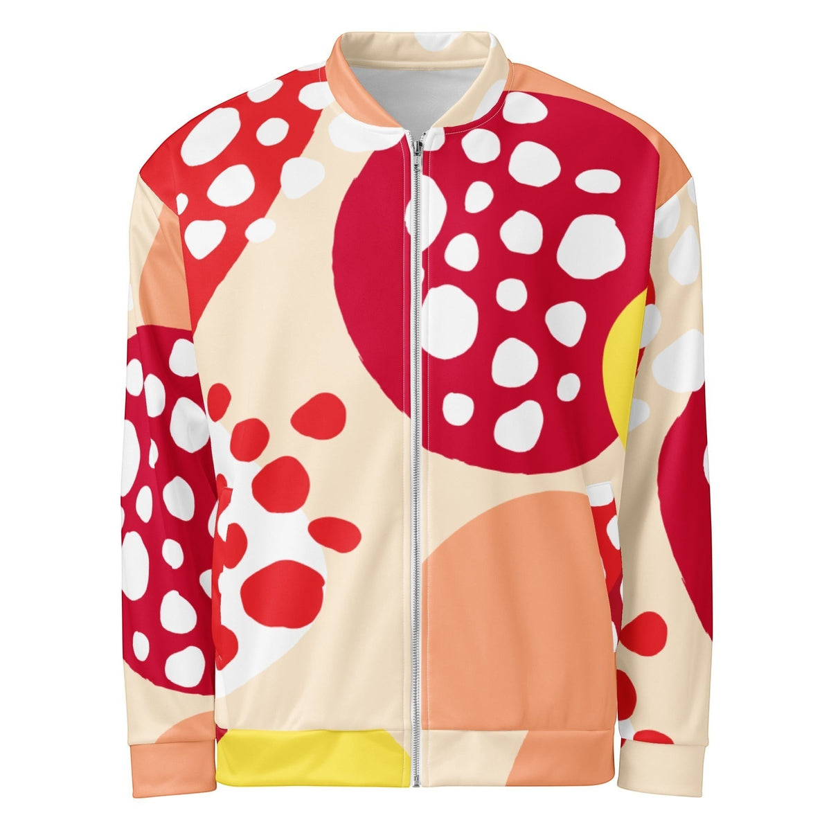 Good Wishes 365 unisex bomber jacket featuring an abstract red strawberry print with peach and yellow accents.