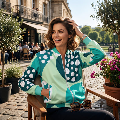 Good Wishes 365 bomber jacket with blue and green strawberry print, worn by a smiling woman in a Parisian cafe.