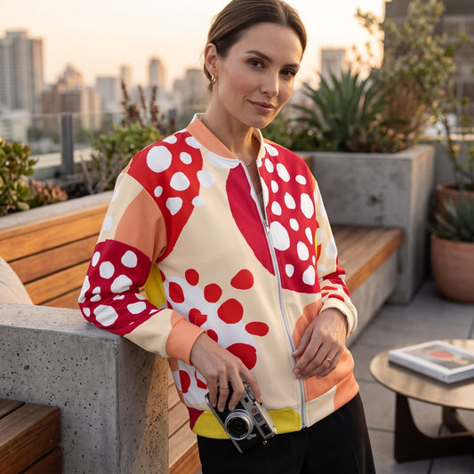 Good Wishes 365 unisex bomber jacket with red strawberry print, silver zipper, and brushed fleece lining on a model.
