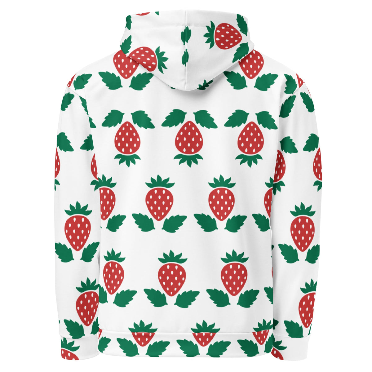 Good Wishes 365 recycled unisex hoodie featuring an all-over red strawberry and green leaf print on white fabric