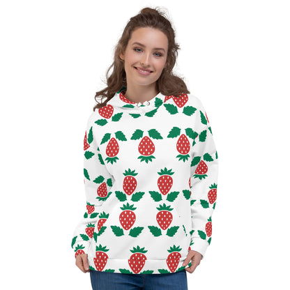 Good Wishes 365 unisex hoodie in white with a vibrant red strawberry print, featuring a hood and front pocket.