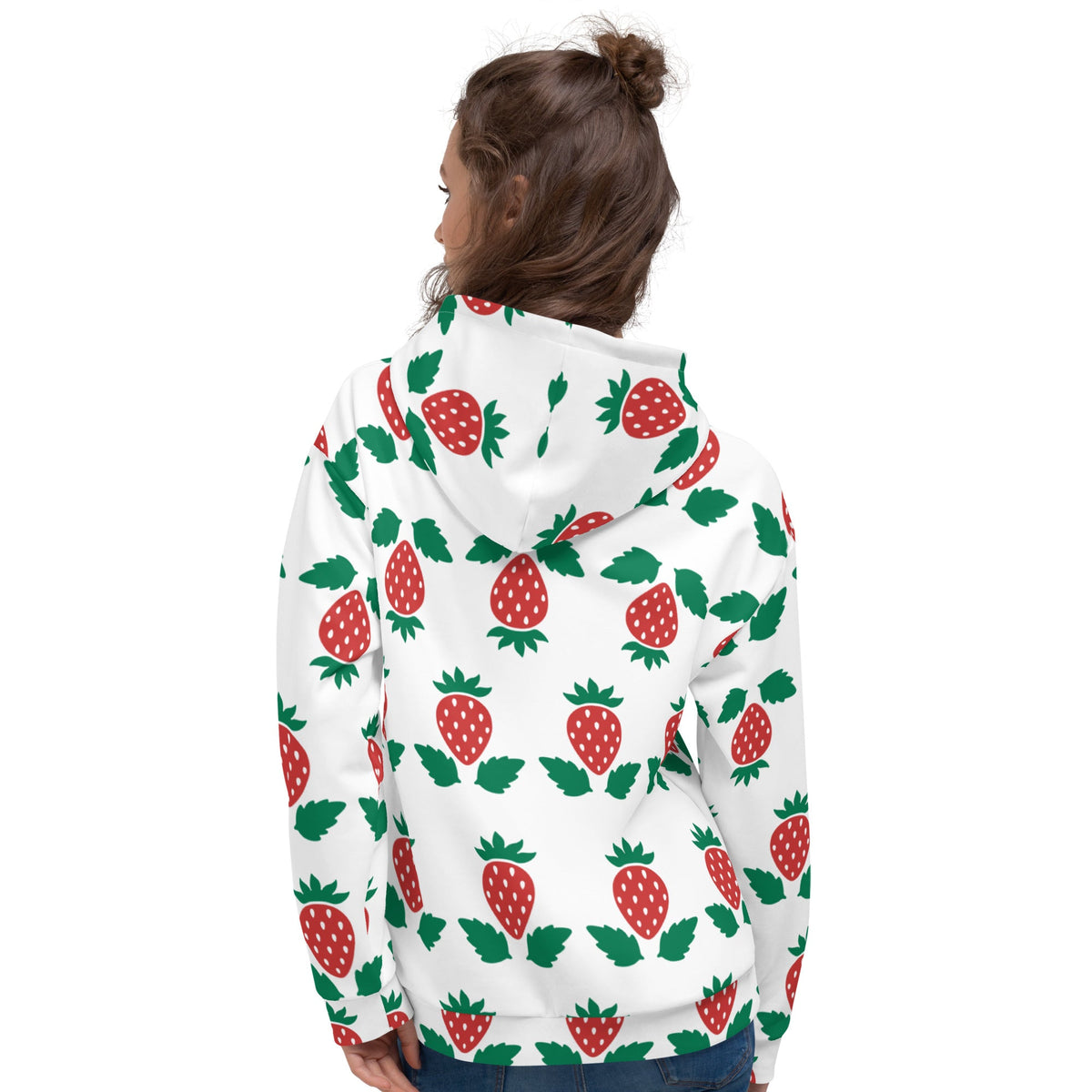 Good Wishes 365 unisex hoodie featuring an all-over red strawberry print on white recycled fabric, back view.