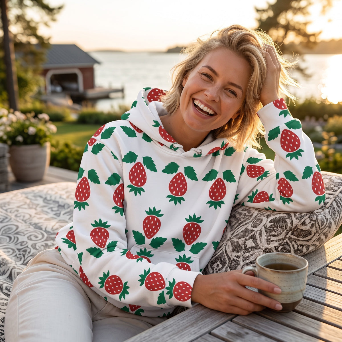 Good Wishes 365 unisex hoodie with a white strawberry print, worn by a smiling woman outdoors at sunset.