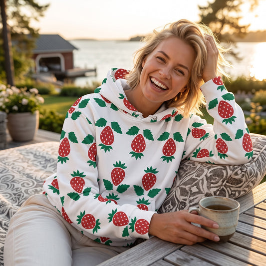 Good Wishes 365 unisex hoodie with a white strawberry print, worn by a smiling woman outdoors at sunset.