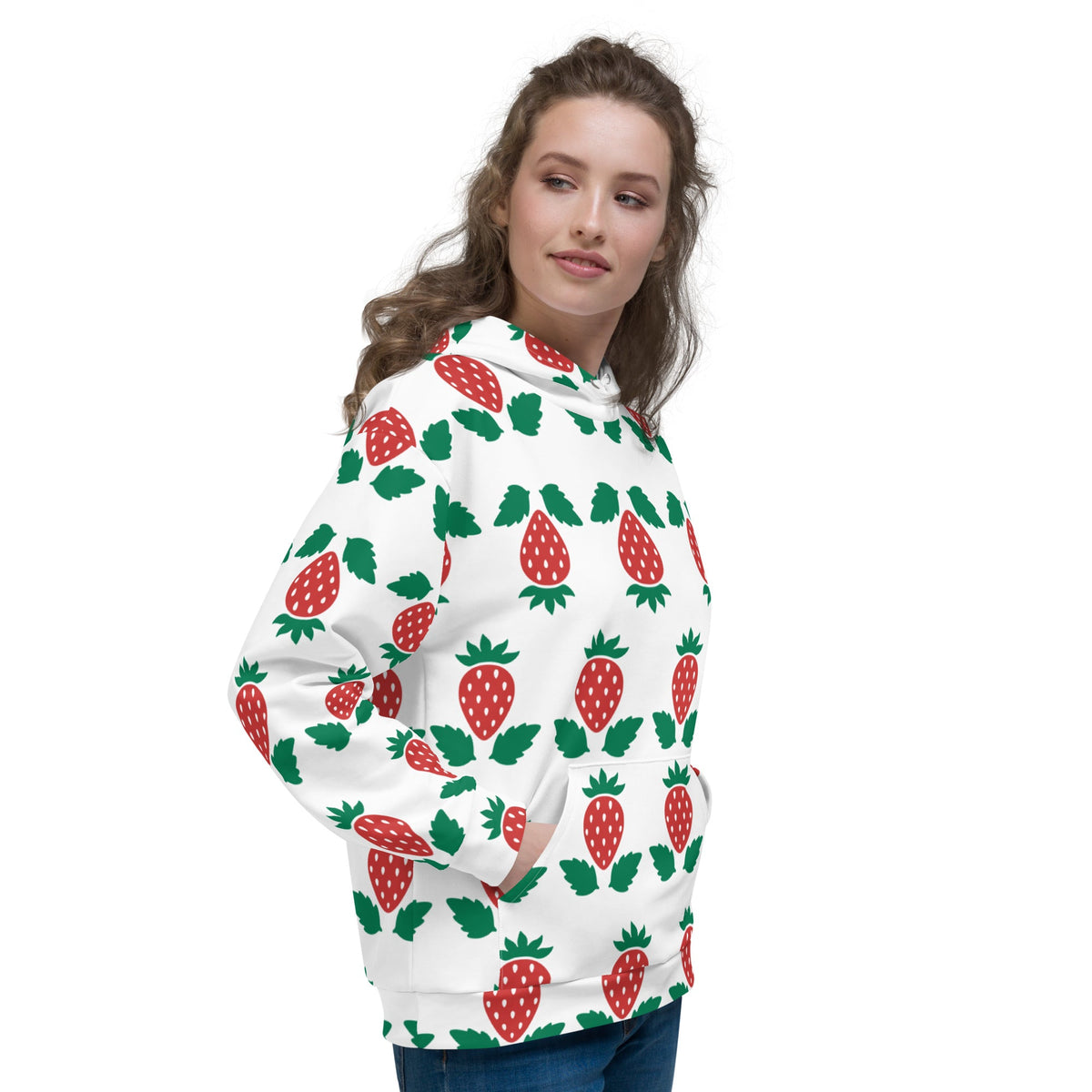 Good Wishes 365 white unisex hoodie with red strawberry print and kangaroo pocket worn by a woman