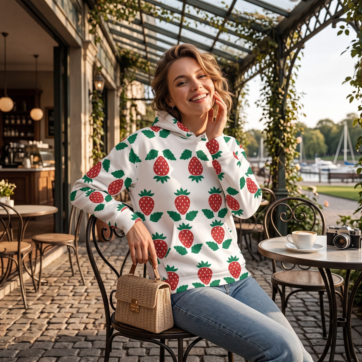 Good Wishes 365 unisex hoodie with a white strawberry print, worn by a smiling woman at an outdoor cafe table.