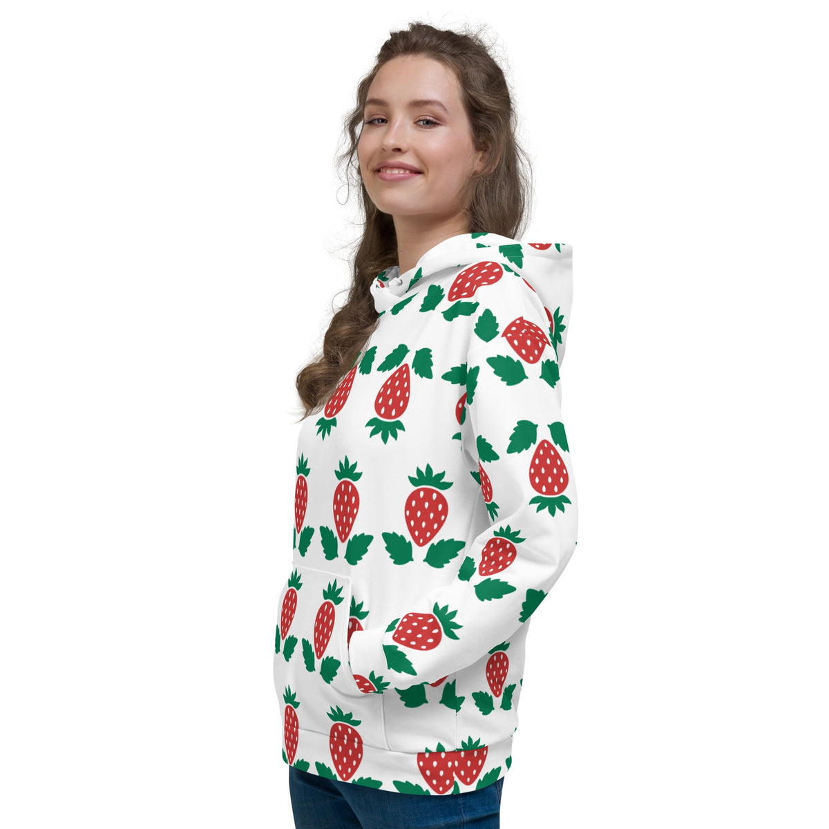 Good Wishes 365 unisex hoodie in white with a vibrant red strawberry print, featuring a kangaroo pocket and hood.