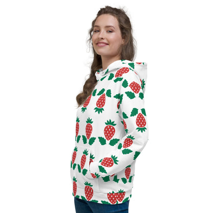 Good Wishes 365 unisex hoodie in white with a vibrant red strawberry print, featuring a kangaroo pocket and hood.