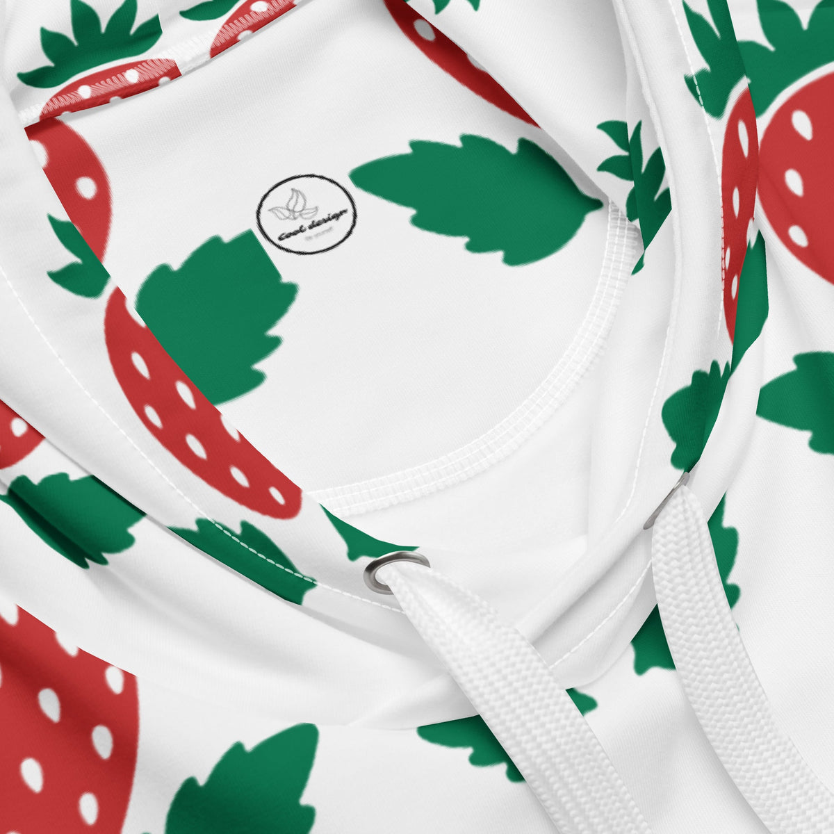 Good Wishes 365 recycled unisex hoodie with a vibrant red and green strawberry print on a white background