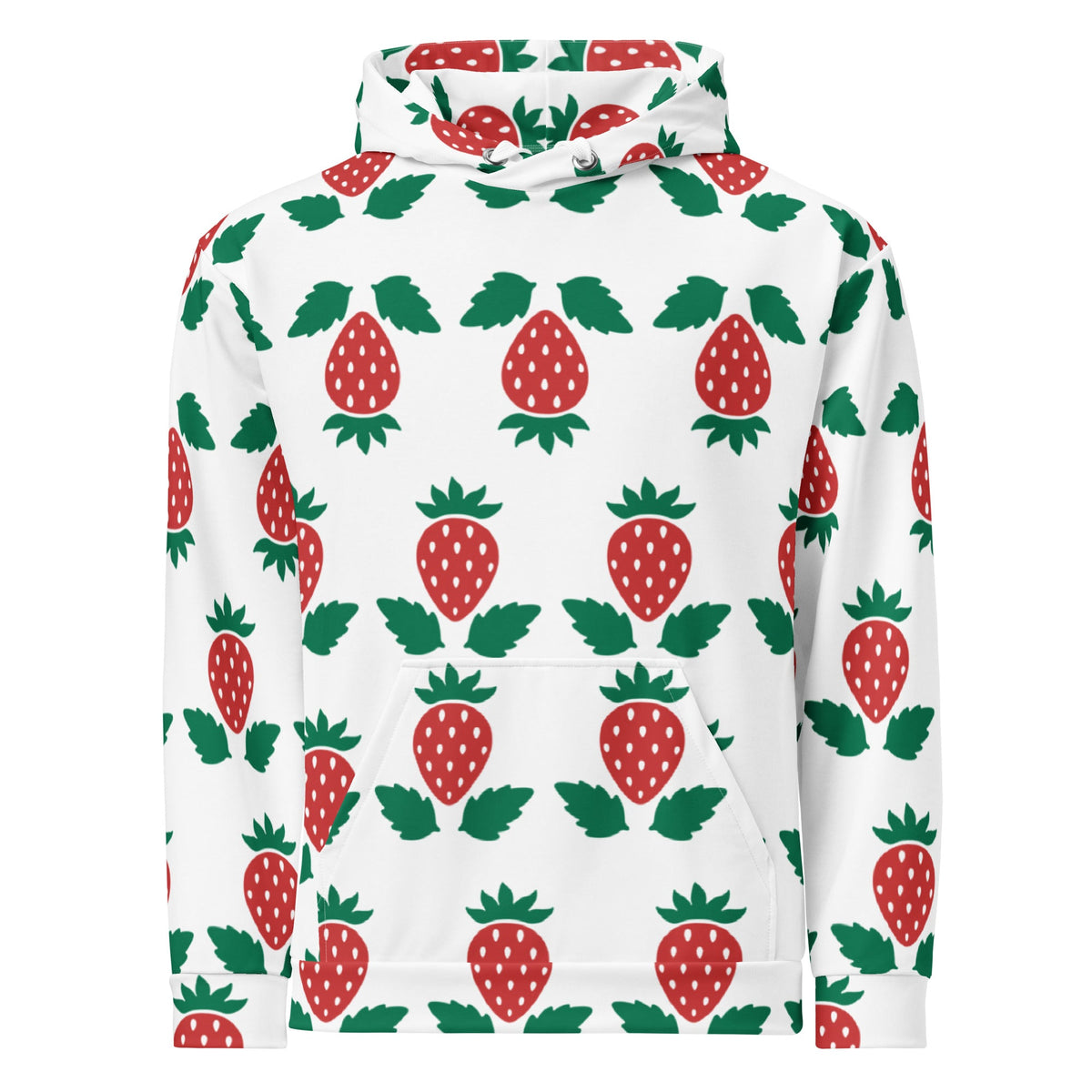 Good Wishes 365 unisex hoodie featuring a vibrant red and green strawberry pattern on a white recycled fabric base.